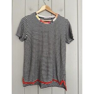 FOIL Striped Linen Top M Medium Black White Short Sleeve Shirt Multicolored Trim